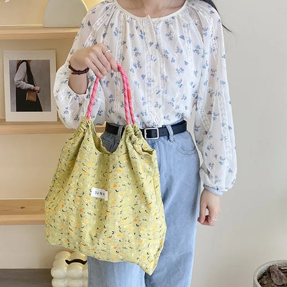 eybag  -  Ins Small Floral Drawstring Shoulder Bag Polyester Fibre Summer Thin Tote Bags Women's Leisure Handbag