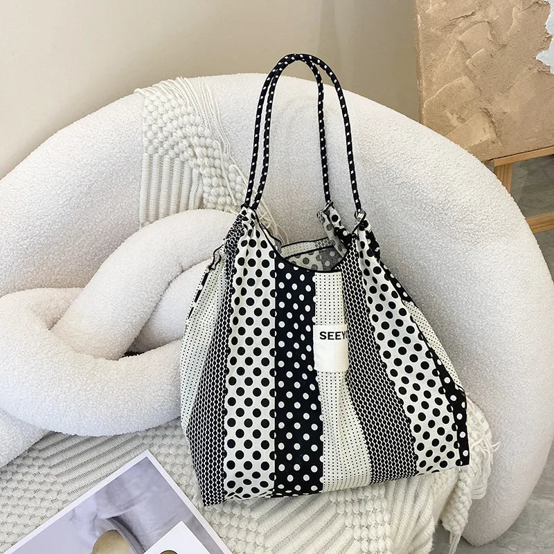 eybag  -  Female Polka Dot Canvas Bag 2024 New Cloth Shoulder Tote Bags  Drawstring Shopping Handbag Thin Style