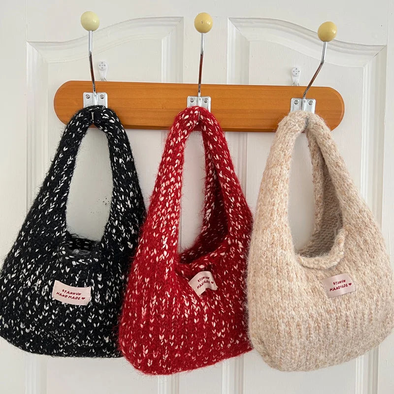 eybag  -  2024 Women's Small Square Wool Knitted Shoulder Bag Autumn Winter Tote Handbag Cotton Daily Wrist Bags