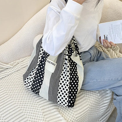 eybag  -  Female Polka Dot Canvas Bag 2024 New Cloth Shoulder Tote Bags  Drawstring Shopping Handbag Thin Style