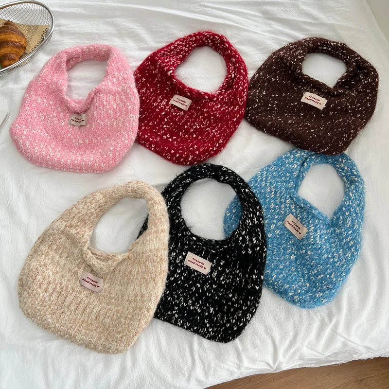 eybag  -  2024 Women's Small Square Wool Knitted Shoulder Bag Autumn Winter Tote Handbag Cotton Daily Wrist Bags