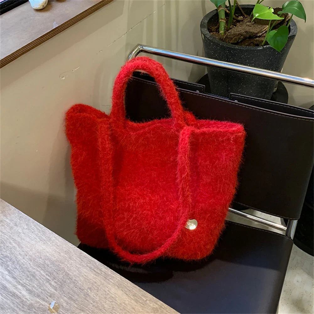 eybag  -  Girls Retro Handmade Plush Tote Bag Large Capacity Shopping Handbag Winter Casual Dual Shoulder Bags Purpose Commuter Crossbody