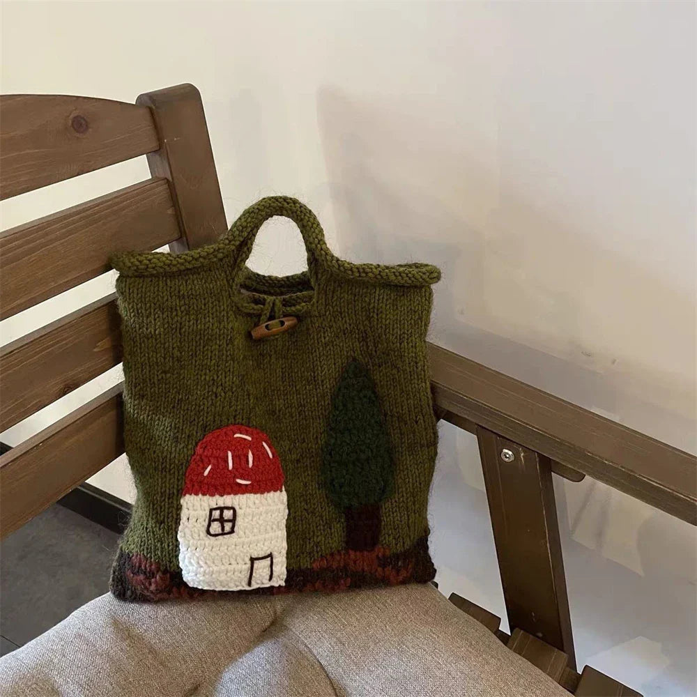 eybag  -  2024 Ladies Sweet Cartoon Knitted Armpit Shopping Bag Winter Wool Hand Knitting Weaving Tote Bags Fashion Large Capacity Handbag