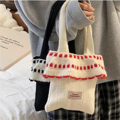 eybag  -  2024 Ladies Sweet Knitted Handbag Small Skirt Patchwork Armpit Shopping Bags New Women's Winter Wool Tote Bag Soft Shoulder Bag