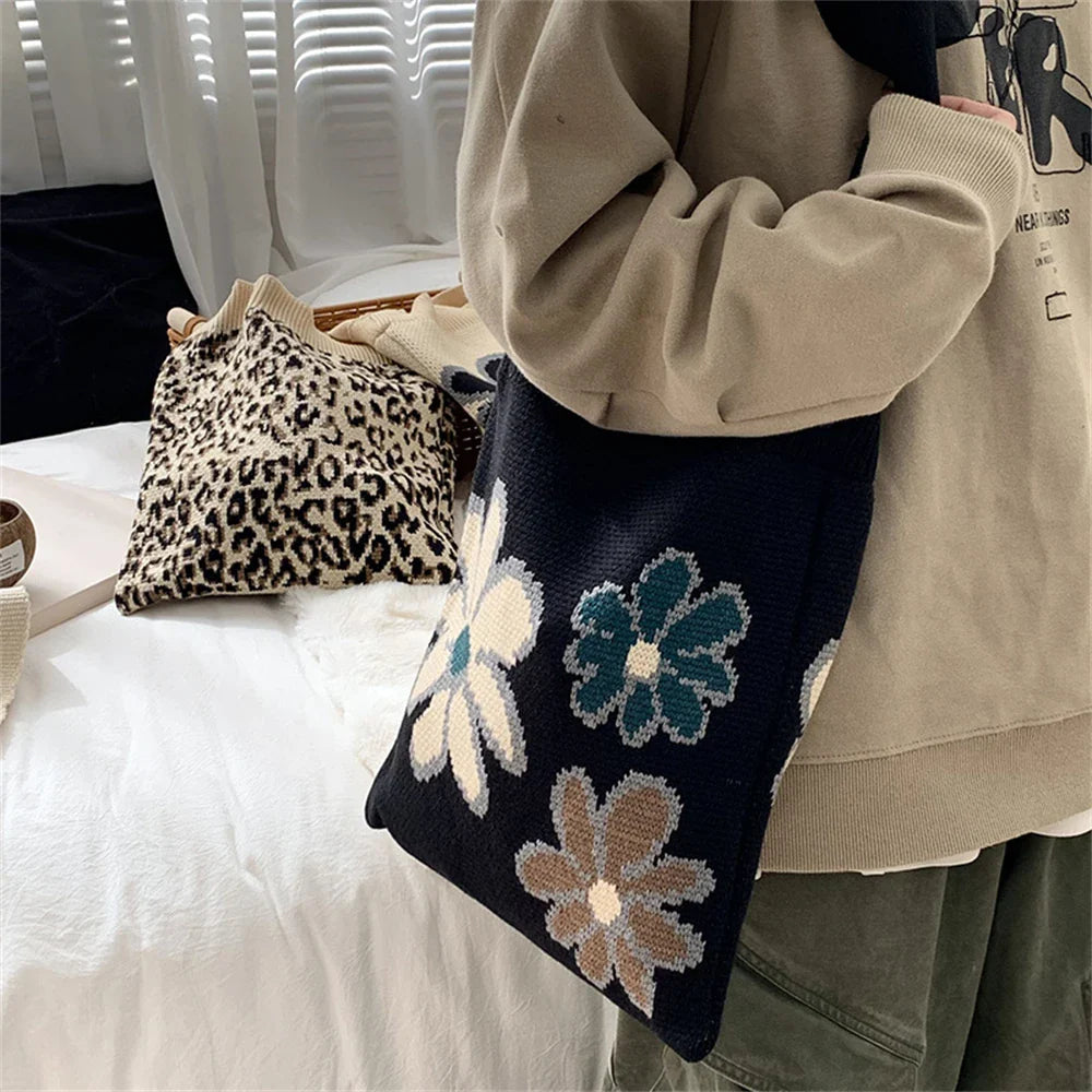 eybag  -  Women's Sunflower Woolen Knitting Tote Shopper Bags High Feeling Korean Flower Shoulder Bag Female bolsas Large Capacity Handbag