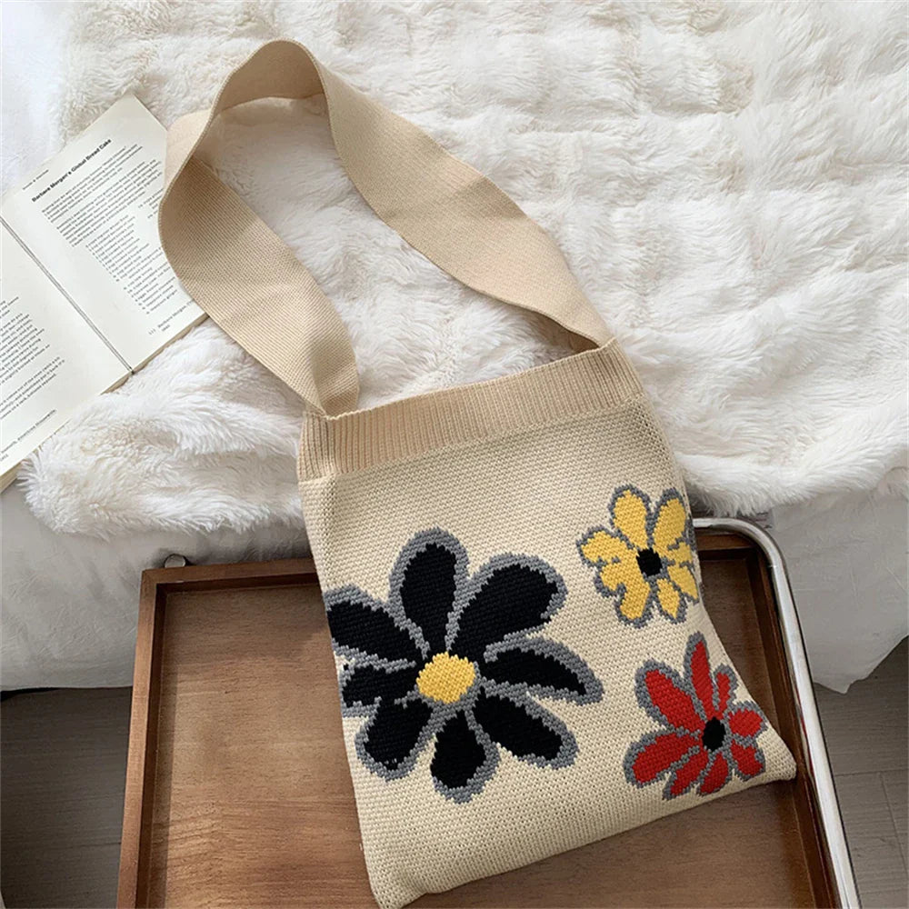 eybag  -  Women's Sunflower Woolen Knitting Tote Shopper Bags High Feeling Korean Flower Shoulder Bag Female bolsas Large Capacity Handbag