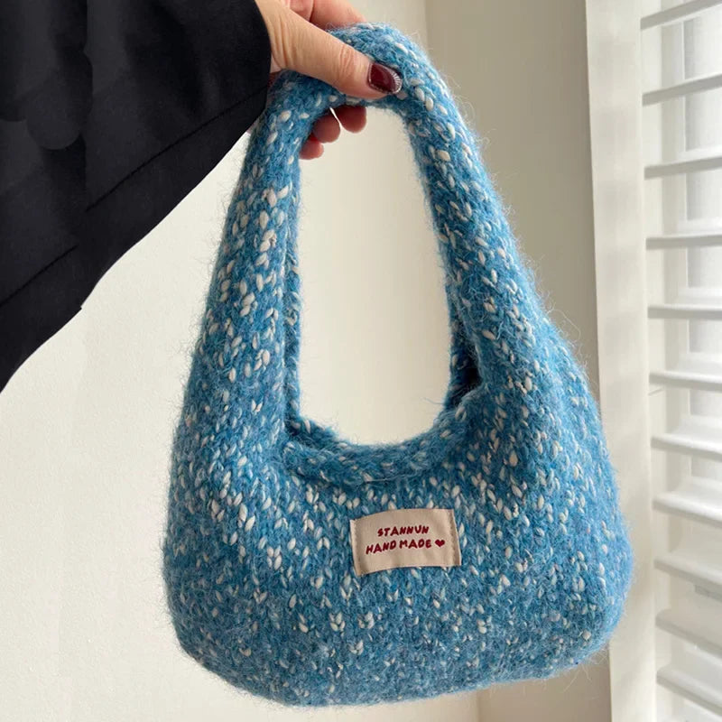 eybag  -  2024 Women's Small Square Wool Knitted Shoulder Bag Autumn Winter Tote Handbag Cotton Daily Wrist Bags