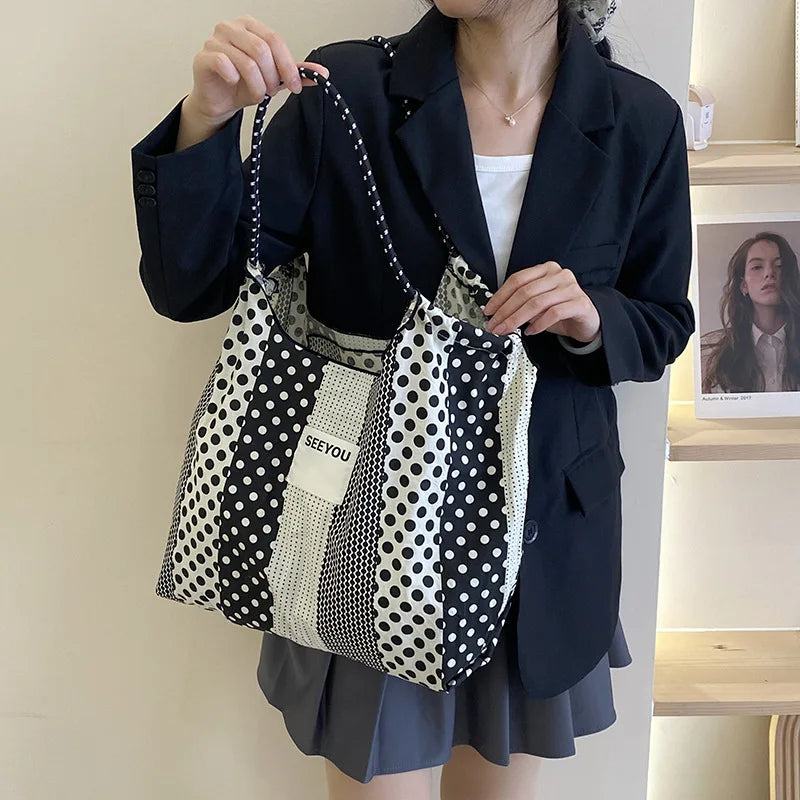 eybag  -  Female Polka Dot Canvas Bag 2024 New Cloth Shoulder Tote Bags  Drawstring Shopping Handbag Thin Style