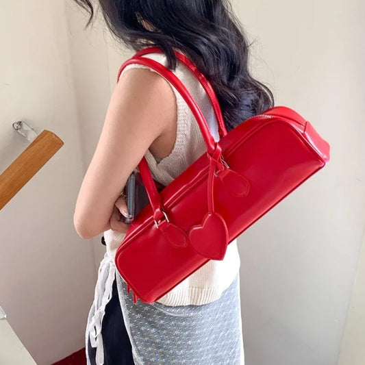 eybag  -  Vintage Red Shoulder Bags Purse Women Fairycore Aesthetic Heart Pu Leather Y2k Underarm Bag Ladies Harajuku Handbag Chic