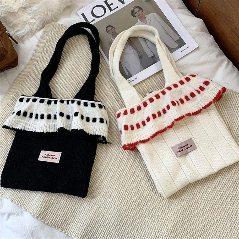 eybag  -  2024 Ladies Sweet Knitted Handbag Small Skirt Patchwork Armpit Shopping Bags New Women's Winter Wool Tote Bag Soft Shoulder Bag