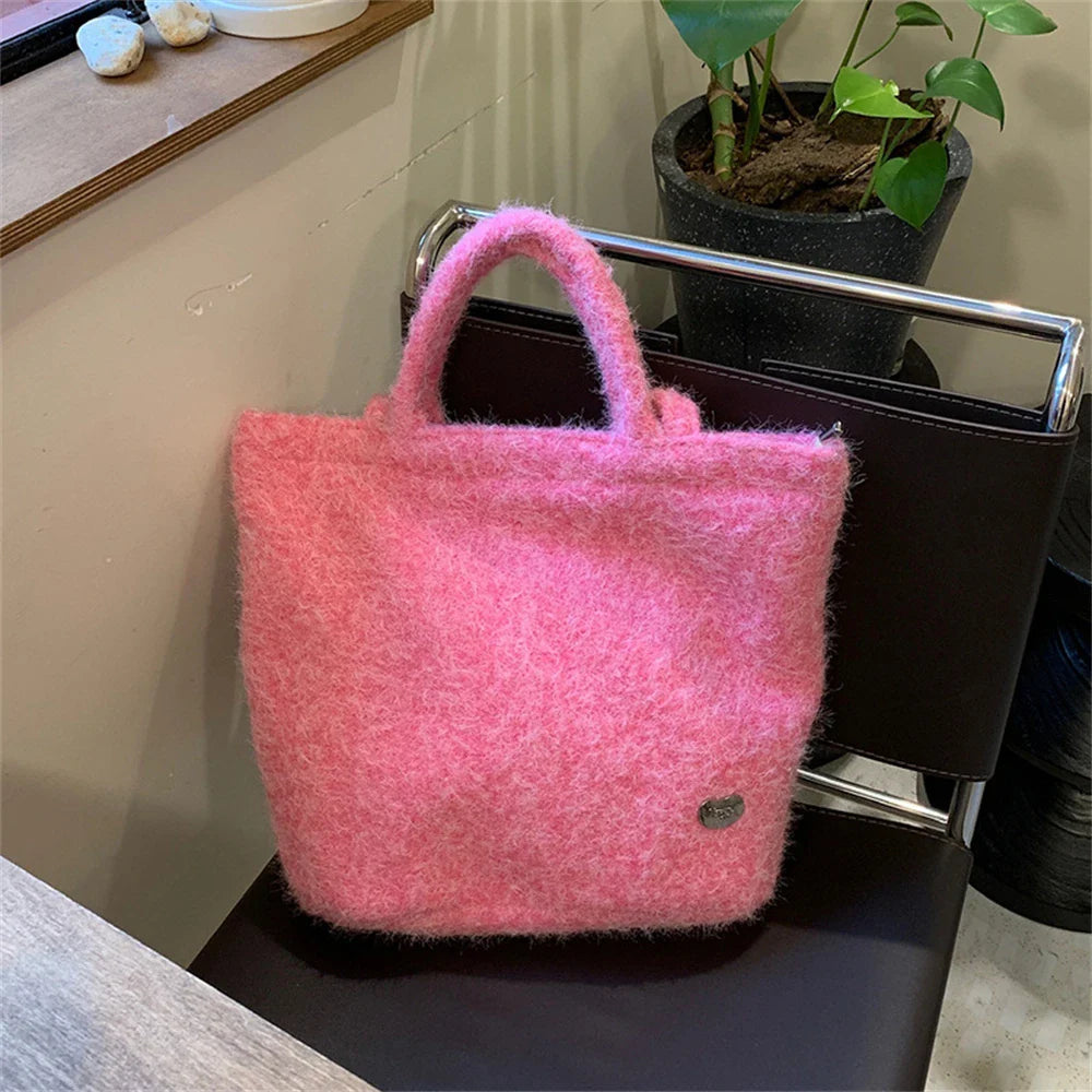 eybag  -  Girls Retro Handmade Plush Tote Bag Large Capacity Shopping Handbag Winter Casual Dual Shoulder Bags Purpose Commuter Crossbody