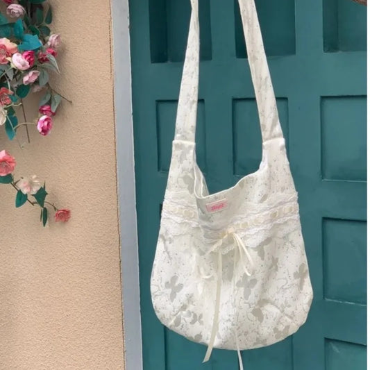 eybag  -  Fairycore White Shoulder Bags Purse Women Hot Girls Bow Chic Lace Y2k Handbag Female Vintage Canvas Tote Bag Aesthetic