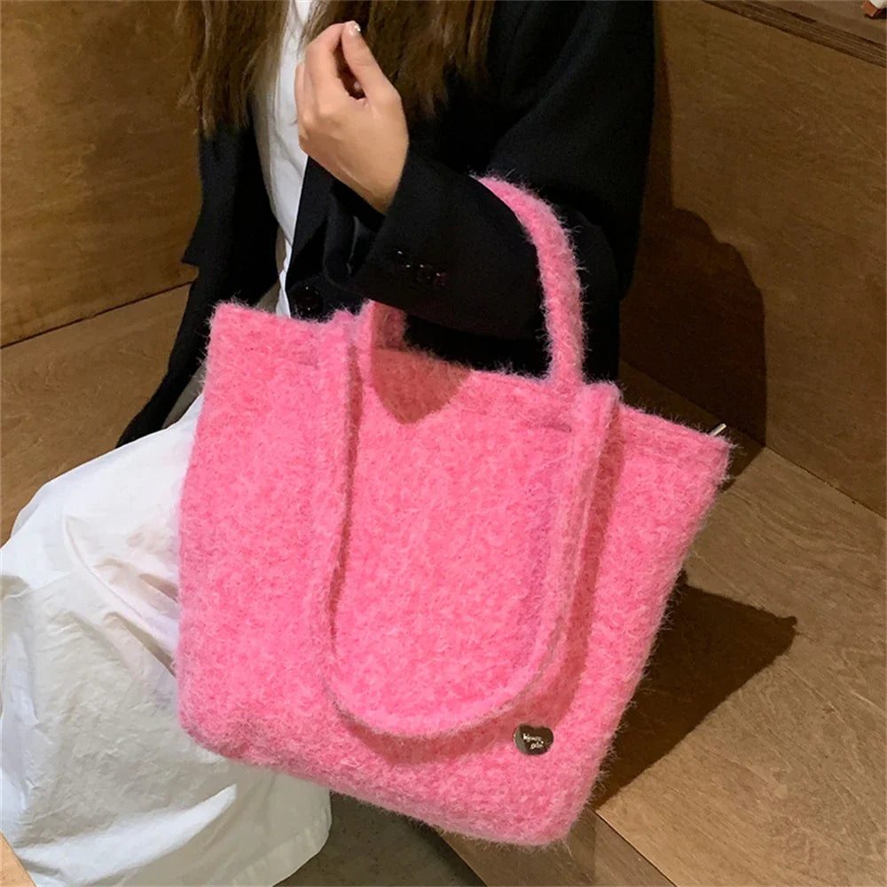 eybag  -  Girls Retro Handmade Plush Tote Bag Large Capacity Shopping Handbag Winter Casual Dual Shoulder Bags Purpose Commuter Crossbody