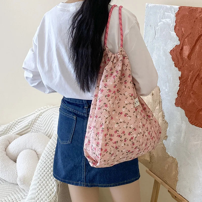 eybag  -  Ins Small Floral Drawstring Shoulder Bag Polyester Fibre Summer Thin Tote Bags Women's Leisure Handbag