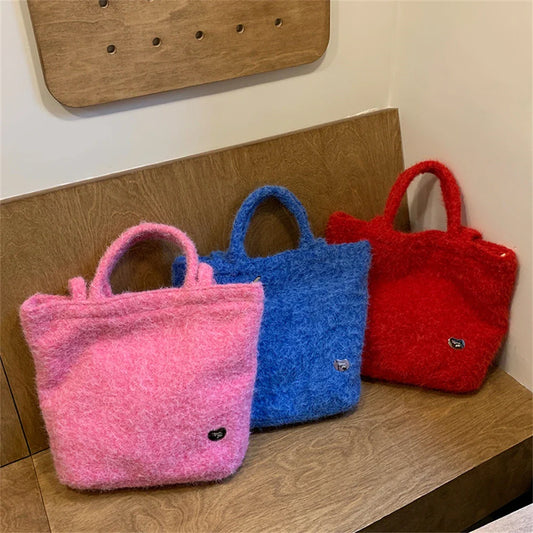 eybag  -  Girls Retro Handmade Plush Tote Bag Large Capacity Shopping Handbag Winter Casual Dual Shoulder Bags Purpose Commuter Crossbody