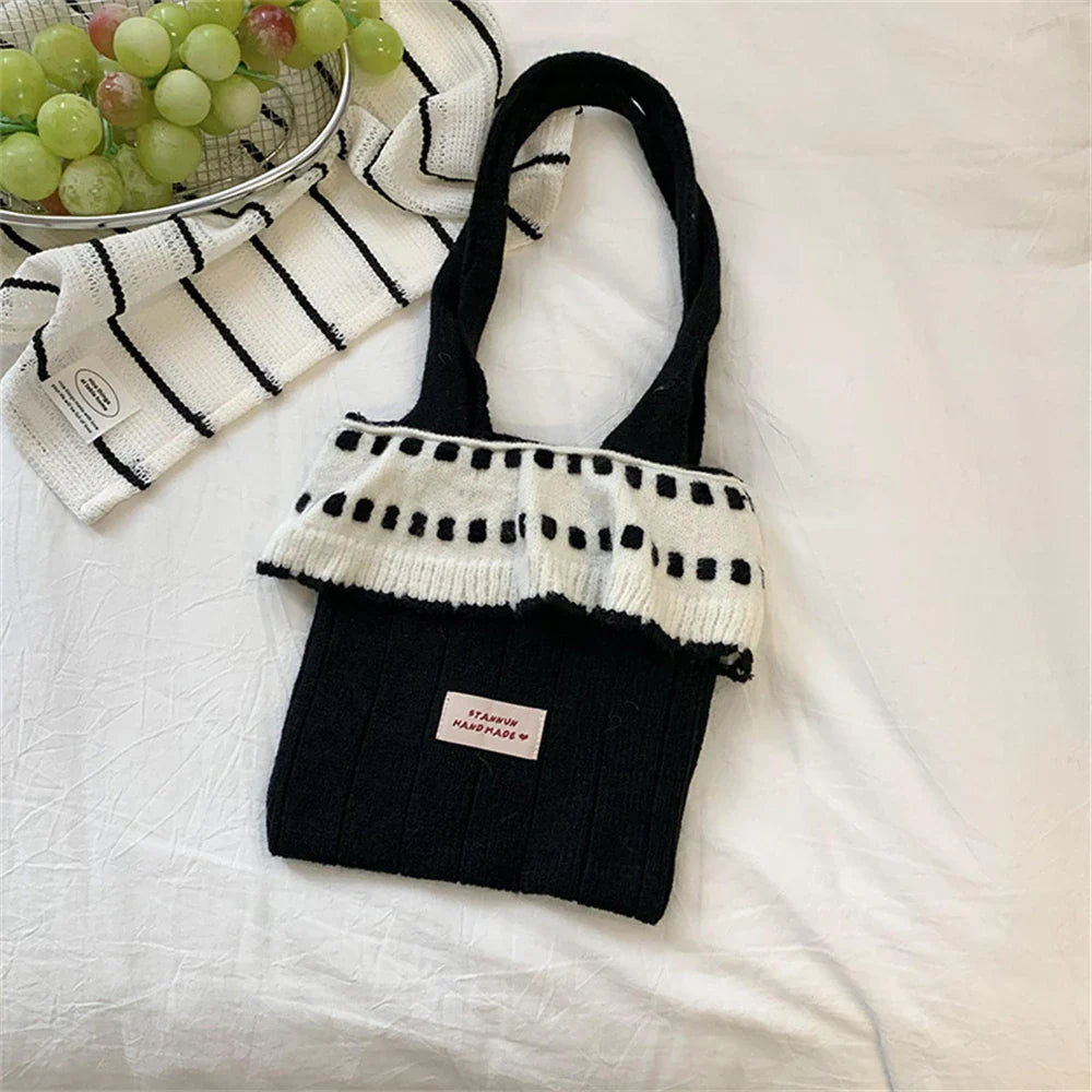 eybag  -  2024 Ladies Sweet Knitted Handbag Small Skirt Patchwork Armpit Shopping Bags New Women's Winter Wool Tote Bag Soft Shoulder Bag