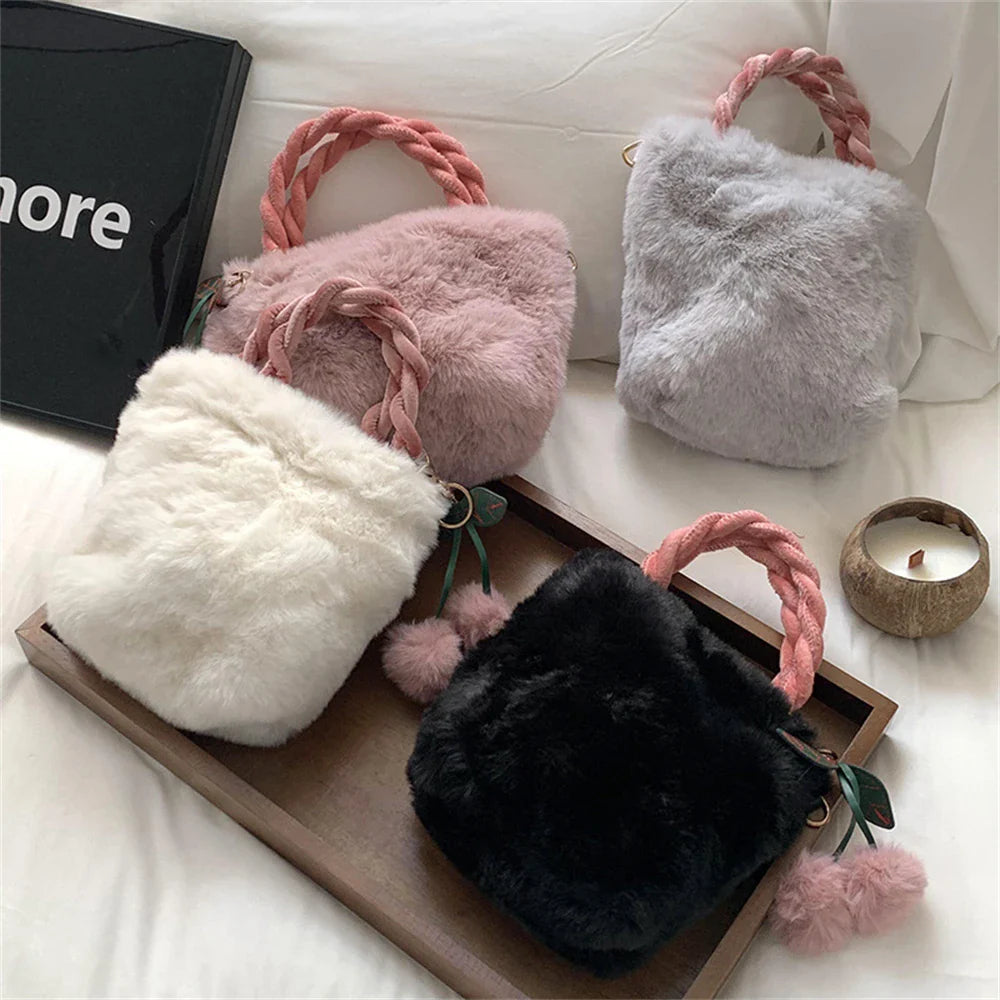 eybag  -  Winter Fluffy Small Square Shopping Bag 2024 New Ladies Faux Rabbit Handbag  Plush Cherry Trinket Shoulder Bags Chain Crossbody