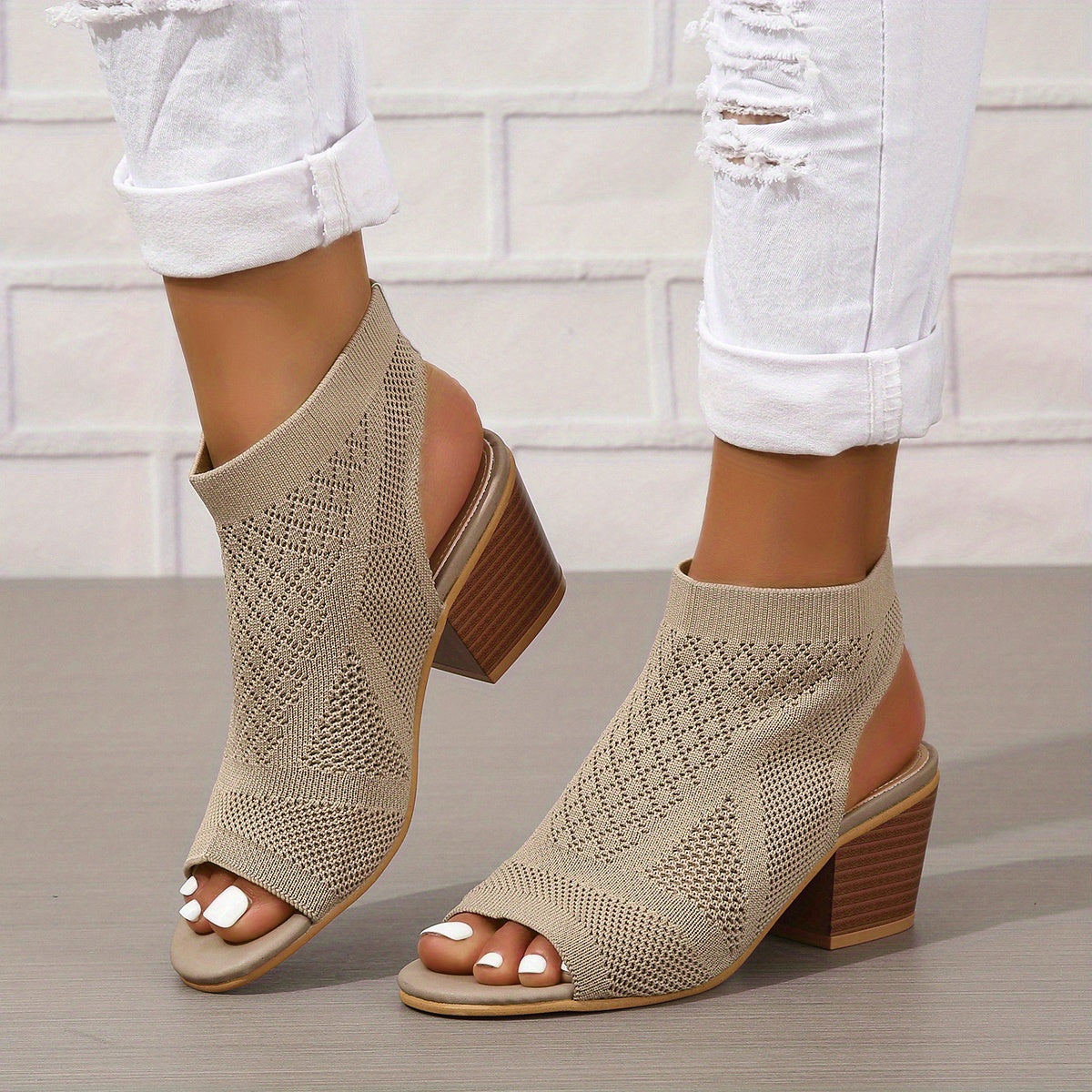 Chic Fabric Sandals for Women - Knitted Slip-On Peep Toe with Slingback and Comfortable Chunky Low Heels - Fashionable Everyday Style