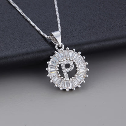 Silver Color Round Small 26 Letters Pendant Necklace Inlaid Zircon Women's Elegant Jewelry Gift