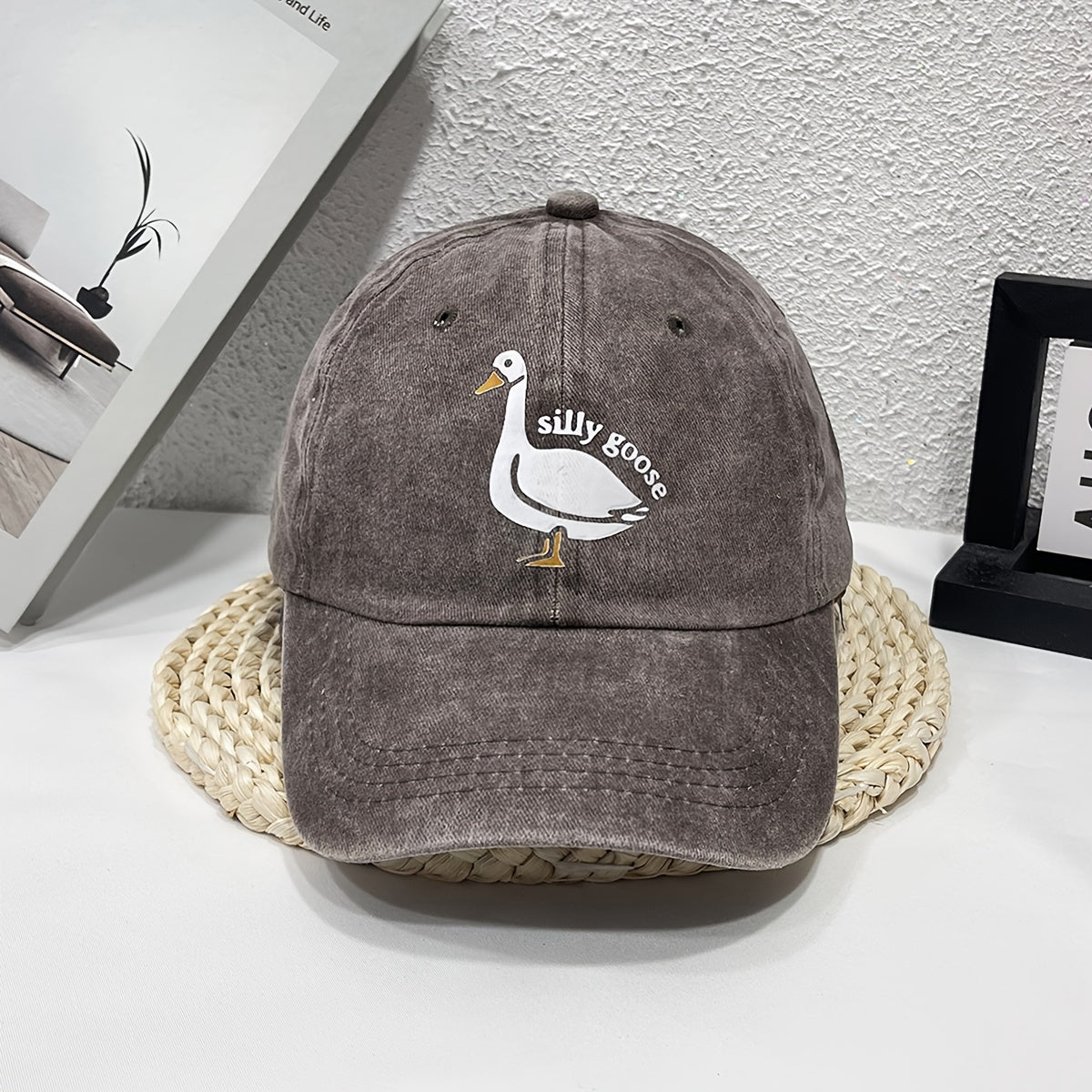 1pc Unisex Sunshade Washed Denim Baseball Cap With Silly Goose Pattern Printed For Outdoor Sport