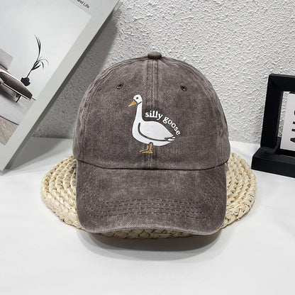 1pc Unisex Sunshade Washed Denim Baseball Cap With Silly Goose Pattern Printed For Outdoor Sport