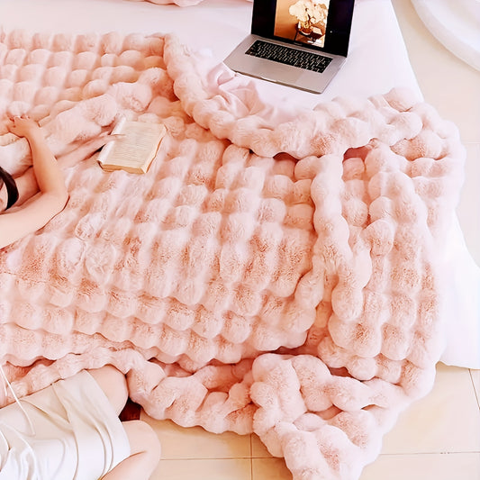 1pc Rabbit Fleece Blanket, Solid Color Faux Fur Plush Blanket, Soft Warm Throw Blanket Nap Blanket For Couch Sofa Office Bed Camping Travel, Multi-purpose Gift Blanket For All Season