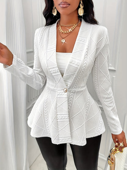 Chic Textured Jacket with Beaded Buttons - V-neck Elegance, Long Sleeves & Ruffled Hem - Perfect for Spring & Fall, Women's Fashion Essential