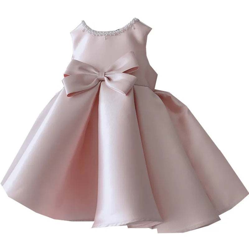 Pink Satin Flower Dresses For Wedding Appliqued Ball Gown Toddler Gowns Tulle Pearls Big Bow Bridesmaid Girl Pageant First Communion Dress 403