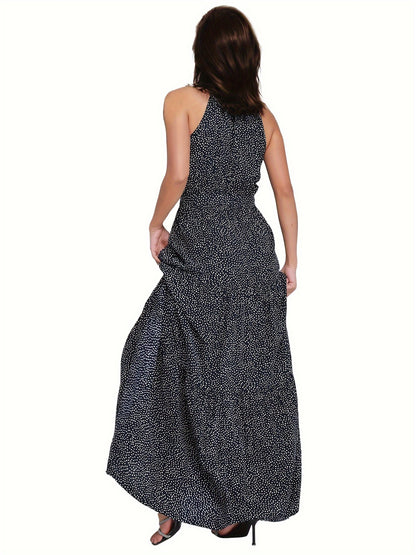 Polka Dot Halter Neck Maxi Dress, Elegant Sleeveless Belted Dress For Spring & Summer, Women's Clothing