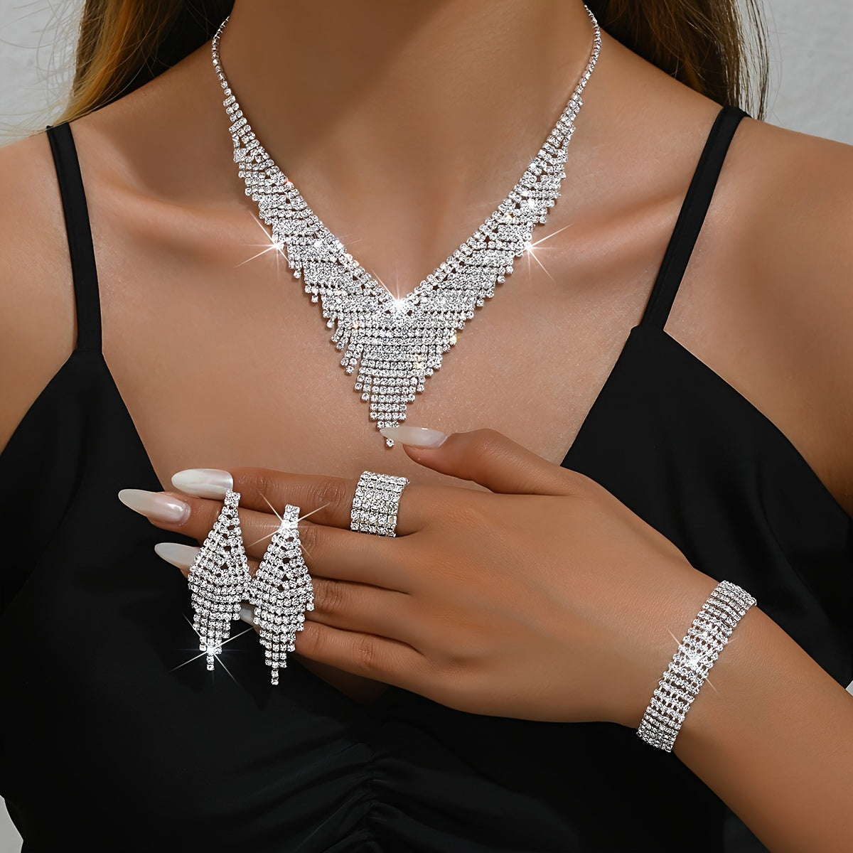 Dangle Earrings + Necklace + Ring + Bracelet Elegant Jewelry Set Silver Plated Paved Rhinestone Engagement, Wedding Jewelry