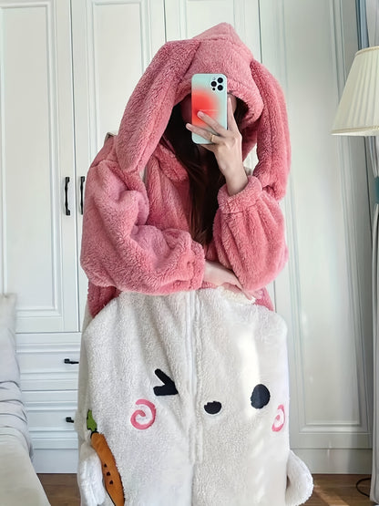 Cartoon Bunny Fuzzy Hooded Night Jumpsuit For Fall & Winter, Cute Long Sleeve Zip Up Pajamas, Women's Sleepwear & Loungewear