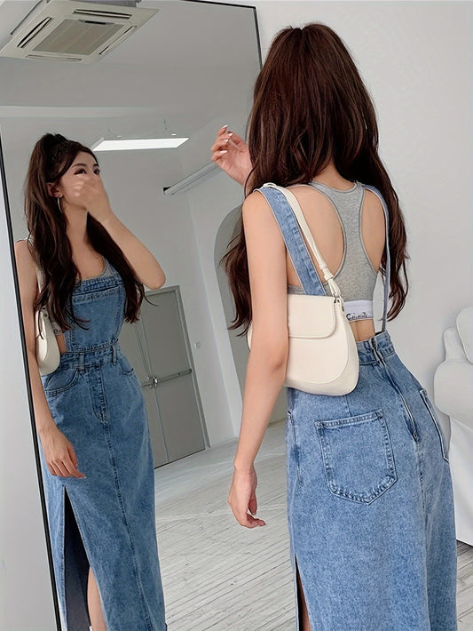 Womens Vintage Distressed Denim Overall Dress - Flattering Frayed Hem, Side Slit & Adjustable Suspender Straps - Fashion-Forward Streetwear Style for the Stylish Woman - Casual Chic, All Seasons Wear