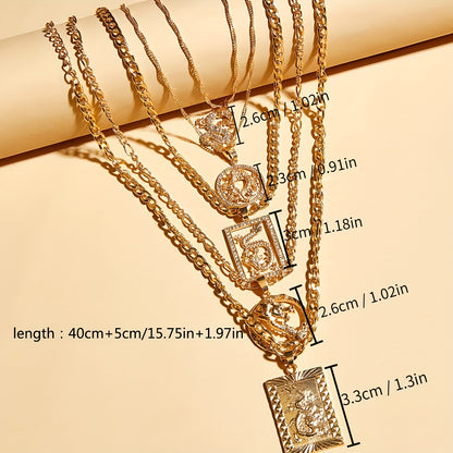 5pcs/set Glamorous Crystal Dragon Pendant Necklace - Layered & Golden Clavicle Chain Jewelry Set - Unique Personality, Sparkling Detail, Fashion Forward Design