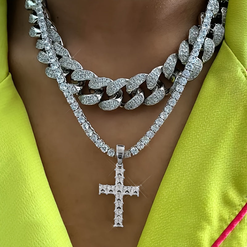 2pcs/Set Hip-hop Miami Cuban Chain Zircon Cross Necklace For Women Men Iced Out Rhinestone Rapper Punk Unisex Necklace Jewelry Gifts