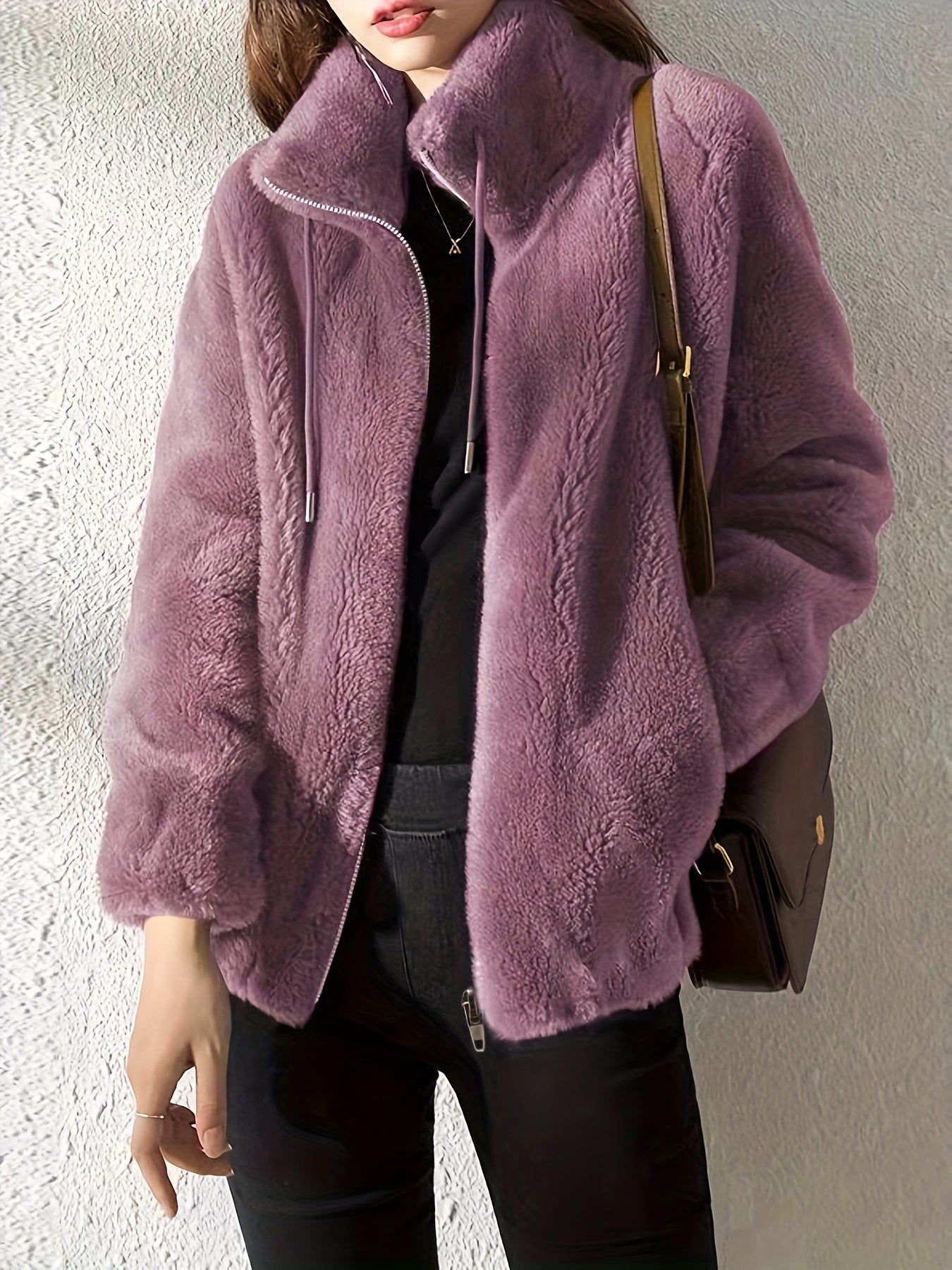 Furry Teddy Drawstring Coat - Women's Fur Outerwear, Casual Long Sleeve Zip Up Warm Jacket with Soft Plush Lining, Perfect for Winter Daily Wear