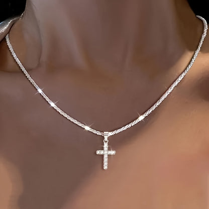 925 Sterling Silver Fashion Youth Plated Chain Cross Pendant Star Glitter Hypoallergenic Necklace, Elegant Temperament Cool Versatile Jewelry Perfect Gifts For Women