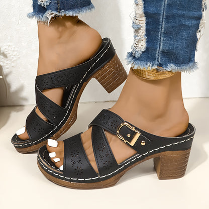 Chunky Heeled Sandals - Unique Hollow Design, Crisscross Buckle Strap, Thick Heel for Women - Perfect Summer Shoes for Casual Outdoor Wear