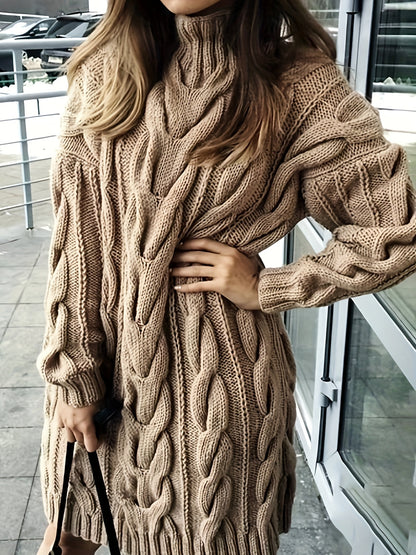 Plus Size Womens Cozy Cable Knit Sweater Dress - Soft Slight Stretch Polyester Fabric, High Neck, Long Sleeve, Pullover Style, Striped Pattern - Hand Wash or Dry Clean, Perfect for Fall and Winter