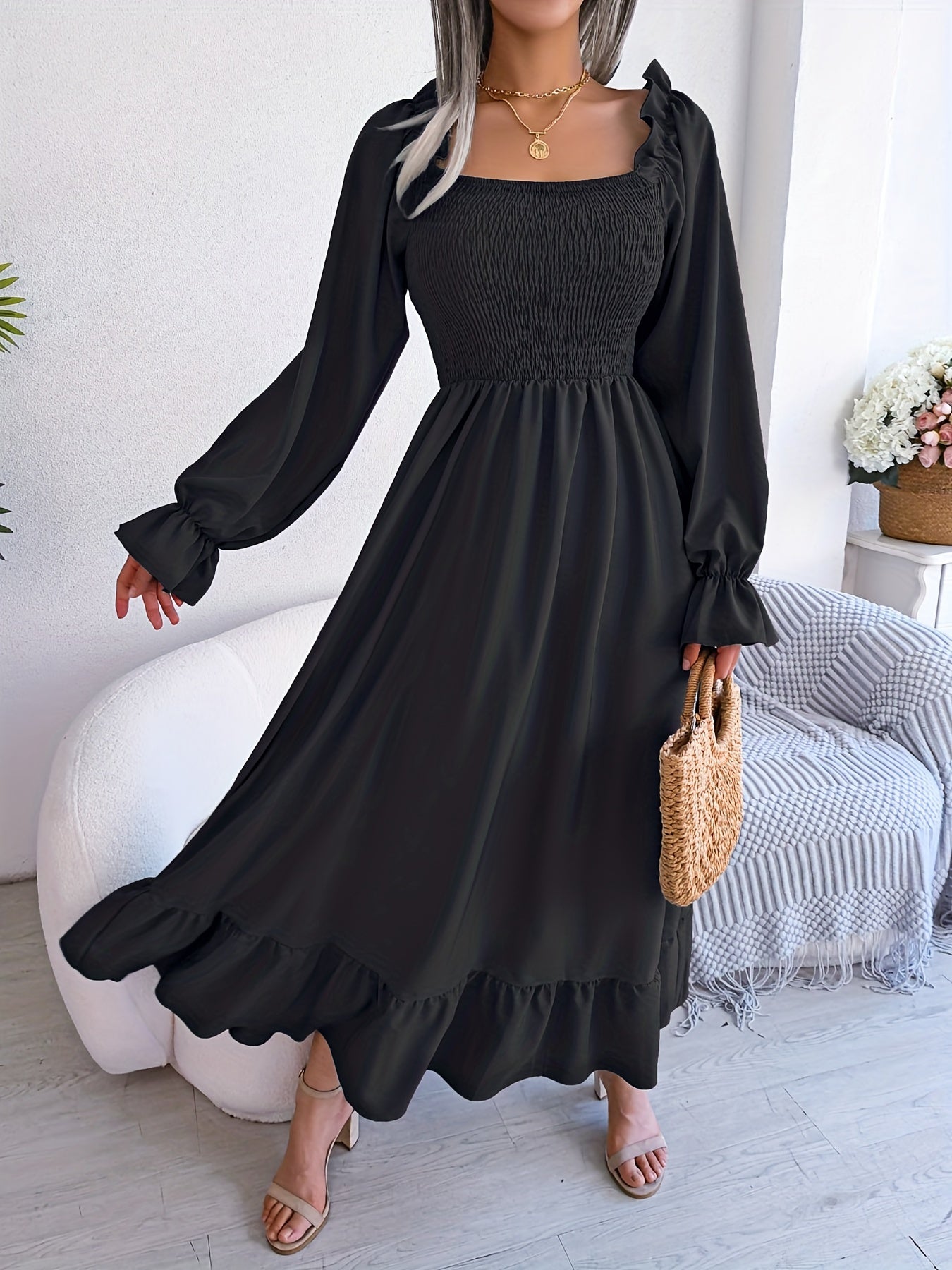 Bold Solid Squared Neck Lantern Sleeve Maxi Dress - Fashionable High Waist, Backless & Ruffled Hem - Alluring Casual Style for Women - Long, Flowing & Versatile