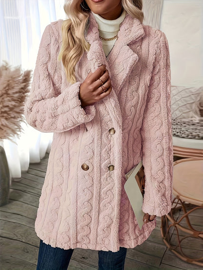 Long Sleeve Textured Thermal Double Breasted Lapel Teddy Coat - Soft Micro Elasticity Polyester Fabric, Versatile Winter Outerwear for Women - Hand Washable, Solid Color, Middle East Style, Fall/Winter Season, Knit Fabric