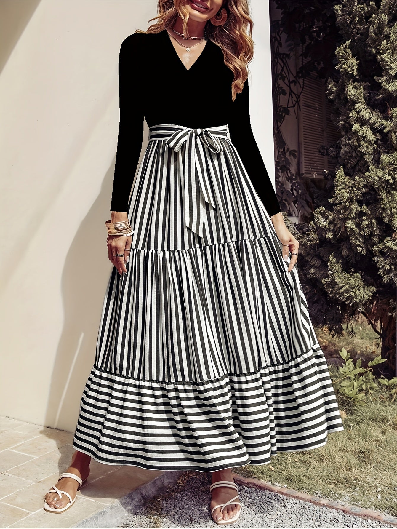 Vibrant Striped Print Maxi Dress - Elegant V Neck, Long Sleeves, Flowy Silhouette, Comfortable Wear, Women's Clothing for Chic Occasions, Formal Events, and Everyday Elegance