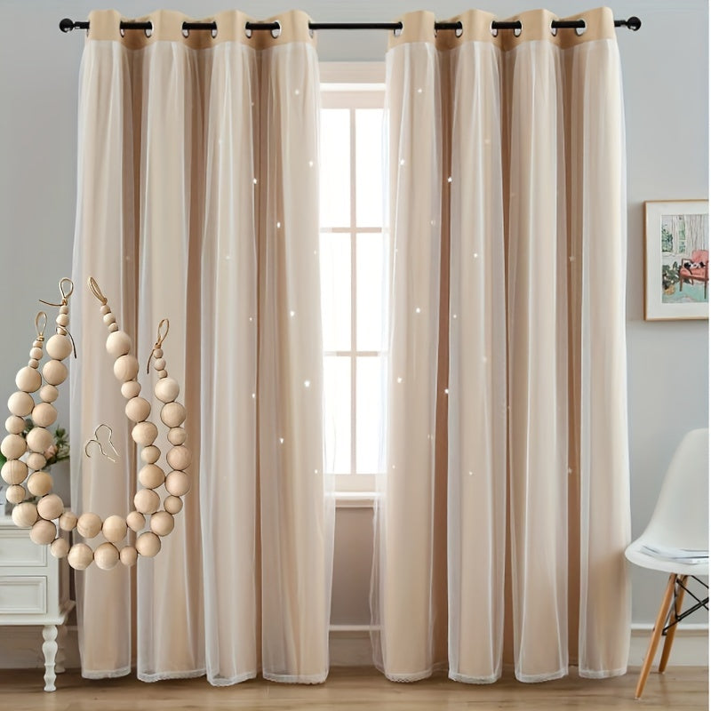 4Pcs Set Of 2 Pieces 41X85 Inch Star Curtain + 2 Pieces Nordic Style Wooden Bead Curtain Strap Double Curtain Bedroom Curtain Blackout Hollow Star Curtain Romantic Curtain