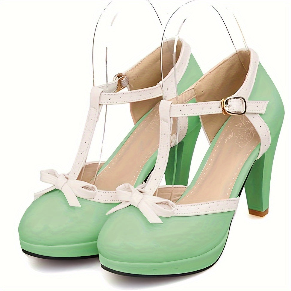 Womens Green T-Strap Pumps with Stylish Buckle & Comfort Foam - Delicate Bow Accent, High Heels, Ankle Height