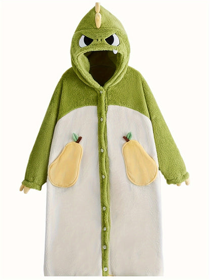 Cute Cartoon Dinosaur Fleece Thickened Night Robe For Fall & Winter, Long Sleeve Hooded Buttons Robe With Pockets, Women's Sleepwear & Dresses