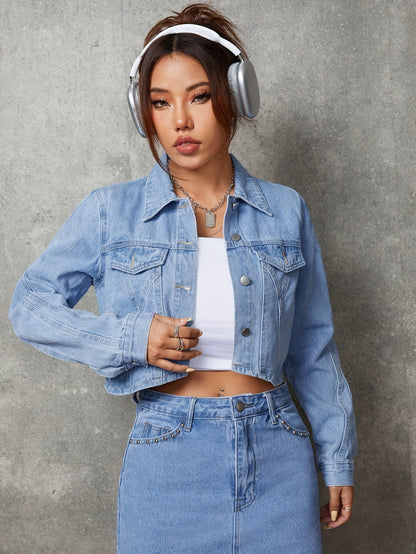 Plain Light Washed Blue Lapel Denim Top, Single-breasted Casual Denim Top, Women's Denim Jeans & Clothing