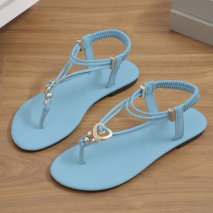 Womens Summer Heart-Themed Sandals - Elastic Ankle Straps for Secure Fit, Ultra-Comfortable with Stylish Heart Accent, Flat Sole for Beach Adventures