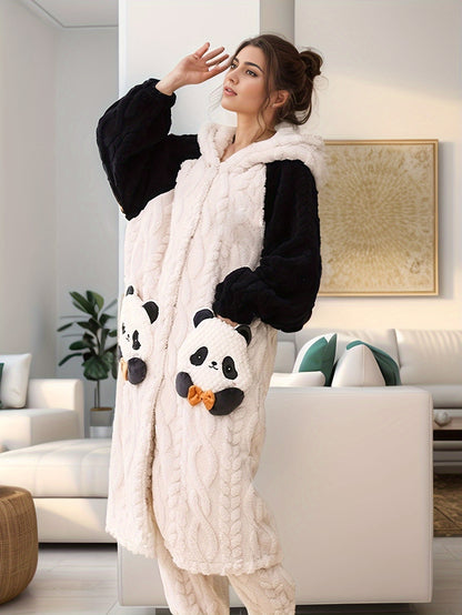 Cute Cartoon Panda Fleece Thickened Jacquard Night Robe For Fall & Winter, Raglan Sleeve Hooded Loose Fit Robe With Pockets, Women's Sleepwear & Dresses