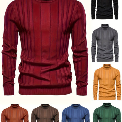 Cozy High Neck Knitted Sweater - Soft High Stretch Polyester Fabric, Long Sleeve, Regular Fit, Machine Washable, Solid Color Pullover for Men - Perfect for Spring and Fall Seasons