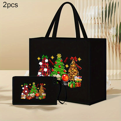 2PCS Light Linen Christmas Special Model No. 887 Printing Handbag Suit: Portable Travel Beach Bag with Cosmetic Bag