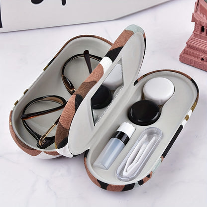 2-in-1 Leakproof Faux Leather Glasses Case with Mirror - Portable Fashion Glasses & Contact Lens Holder, Dual-Sided Design for Travel